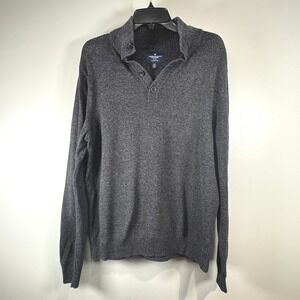 American Eagle Mens L Classic Fit Mock Neck Button Sweater Gray Cotton Preppy‎